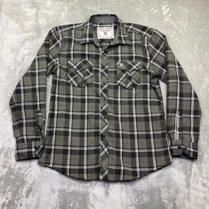 FUSAI Plaid Flannel Long Sleeve Button Up Shirt Men's Size L Green Black White